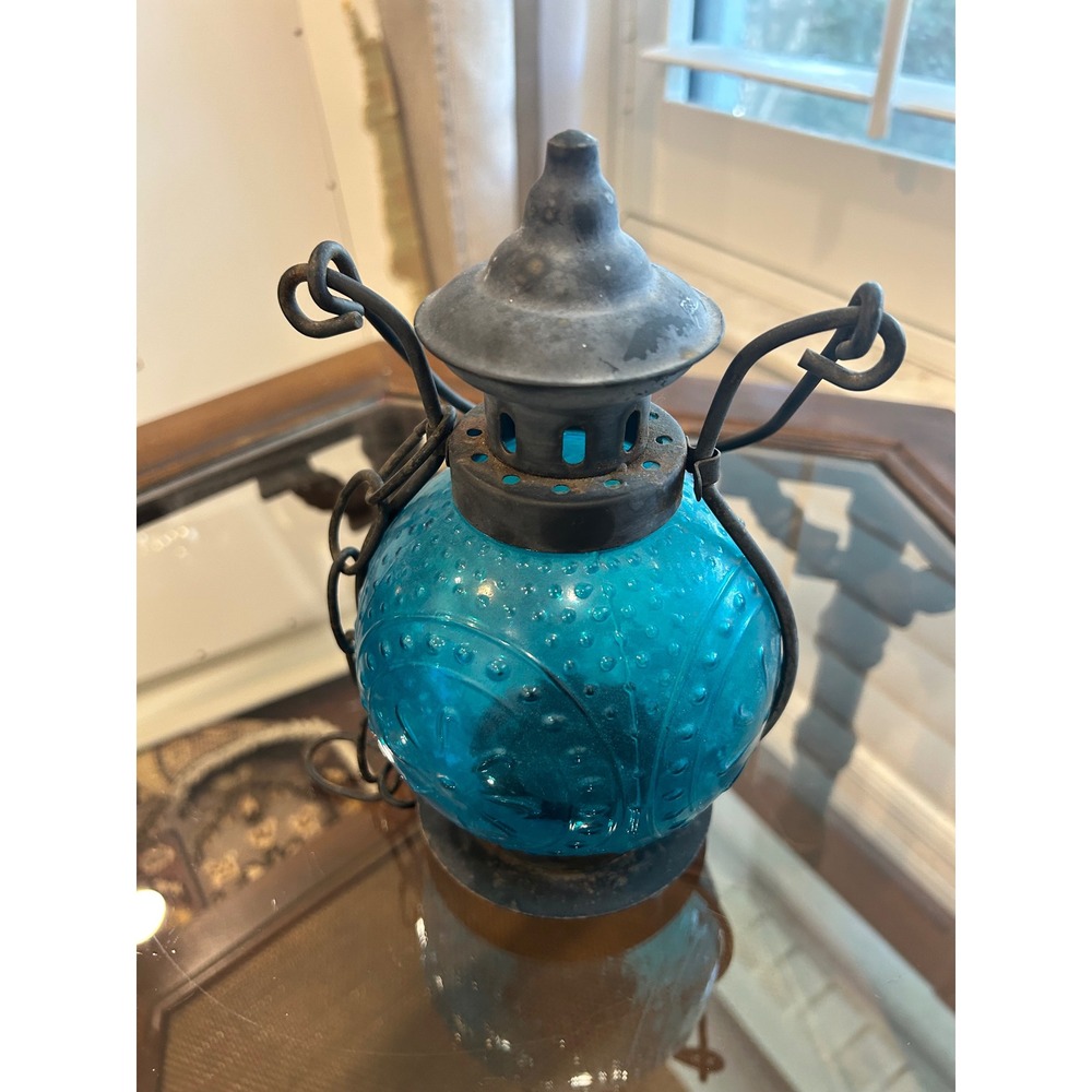 Vintage Turquoise Blue Hobnail Glass Hanging Lantern Rustic Metal Frame 8.5in